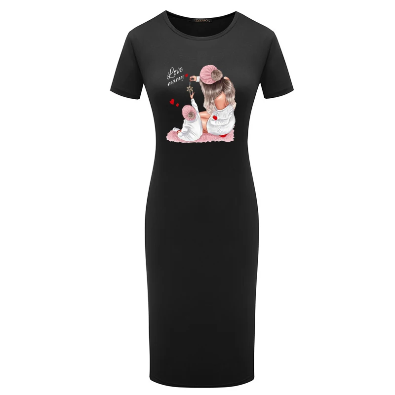 

2021 Sexy Bodycon Dress Cute Plus Size Women Mom&Kids Print Short Sleeve Summer Elegant Party Pencil Dress Vintage Robes Femme