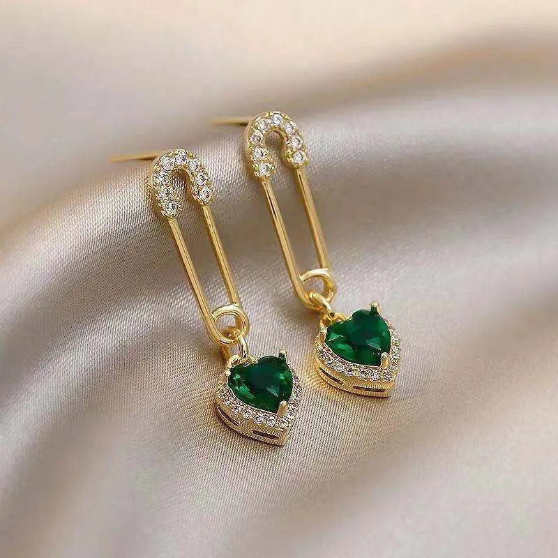

French vintage green gem Fashion Brooch Hanging earrings Women jewelry exquisite Drop Dangle Personality Fashion Wedding Earring