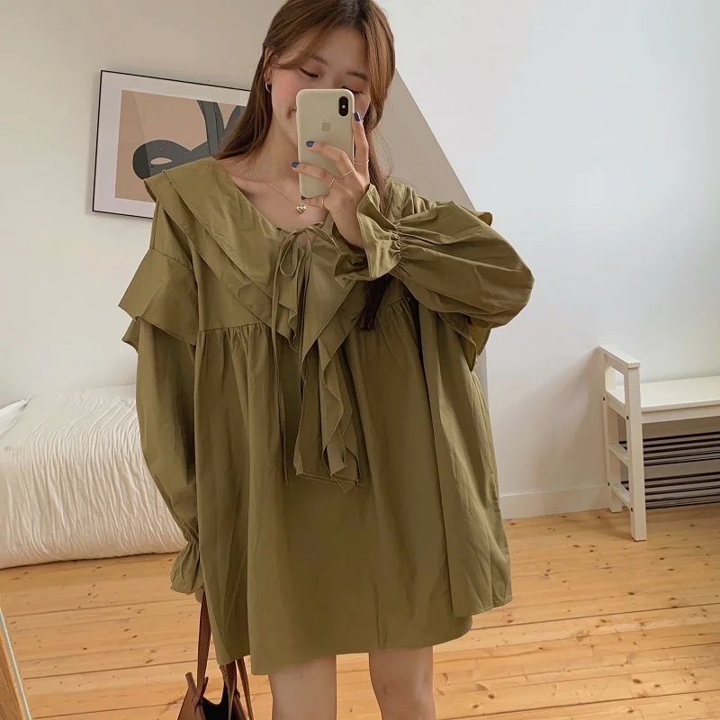 

Women Dresses Cute Age-Reducing Lapel Irregular Ruffled Tied Loose High Waist Long Sleeves Doll Dress Sweet Young Girl Fashion