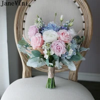 janevini artificial pink and blue bride flower bouquet fleur soie fake silk rose hydrangea bridal wedding bouquets accessories