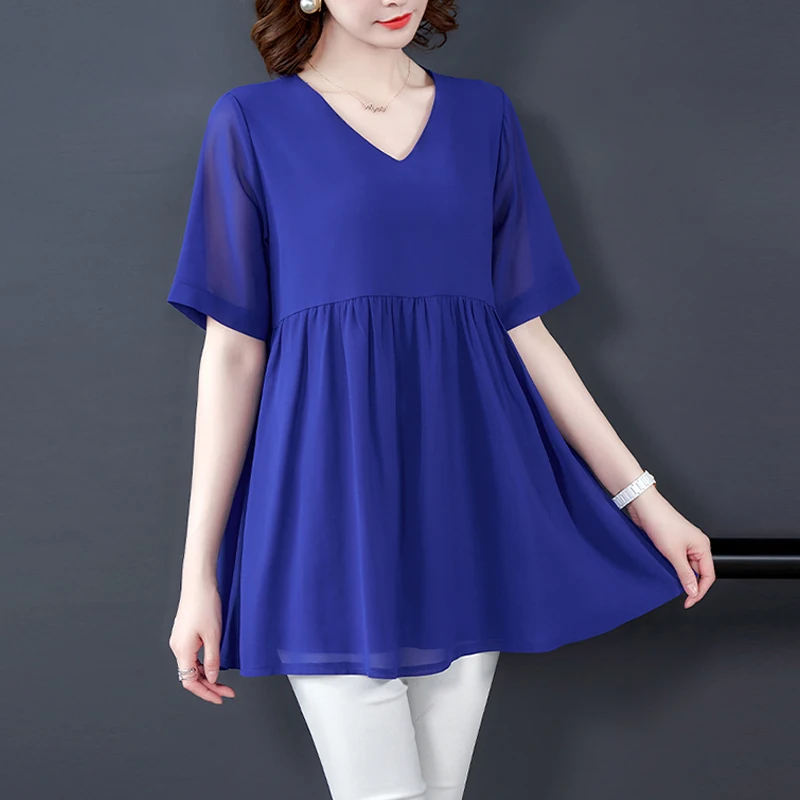 2021 Новые Летние шифоновые Блузы с коротким рукавом рубашки для женщин