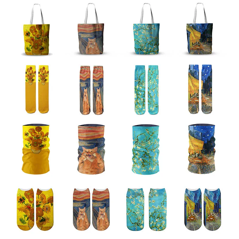 

Van Gogh Oil Painting Series Canvas Bag Set Iris Flower Ladies Socks Starry Night Sunflower Headscarf High Quality Set For Gift