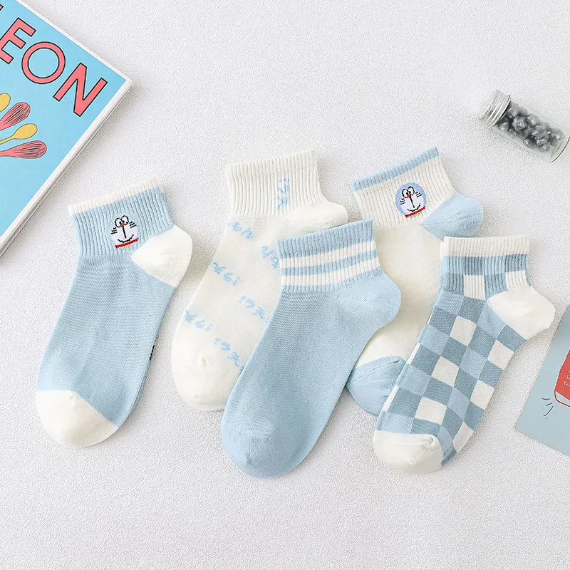 

New cartoon socks female jingle cat blue spring and summer ladies socks literary college cotton socks personality striped socks