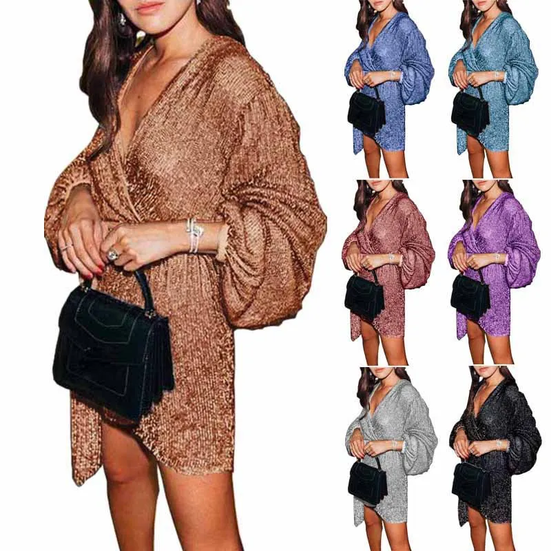 Платье женское зимнее асимметричное с V образным вырезом и длинным