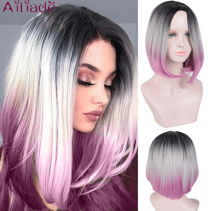 

Парик AILIADE с короткими темными корнями и розовыми волосами, для женщин, синтетический, термостойкий, с эффектом омбре, прямой