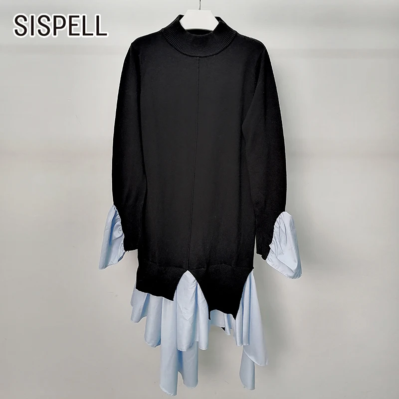

SISPELL Patchwork Ruffle For Female Sweaters O Neck Flared Sleeves Hit Color Split Loose Women’s Sweater Autumn Fashion 2020
