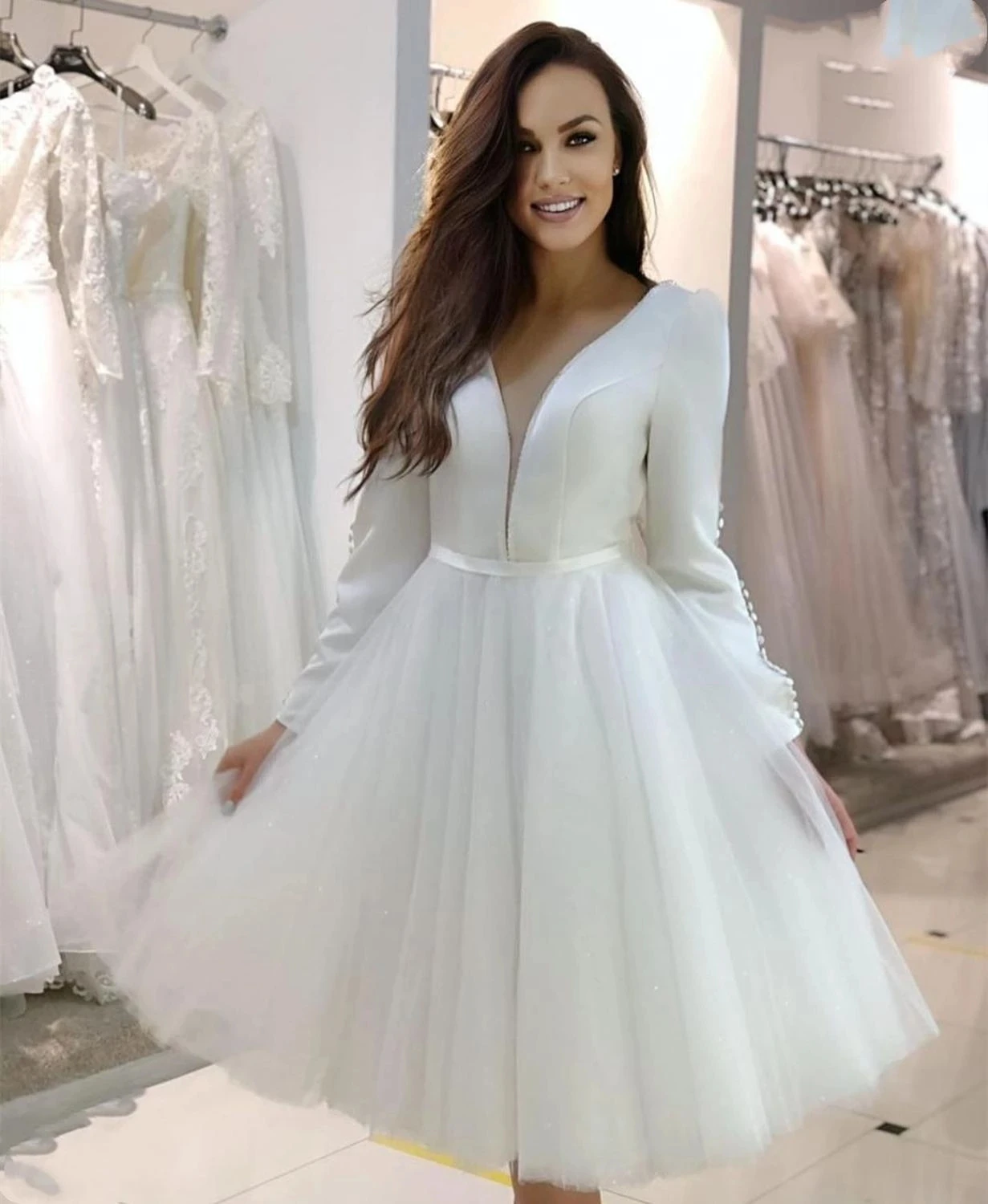 

Short White Wedding Dress 2021 Long Sleeve Satin Tulle Bridal Gowns Sexy Deep V-Neck Robe De Mariee Ankle Length Gorgeous