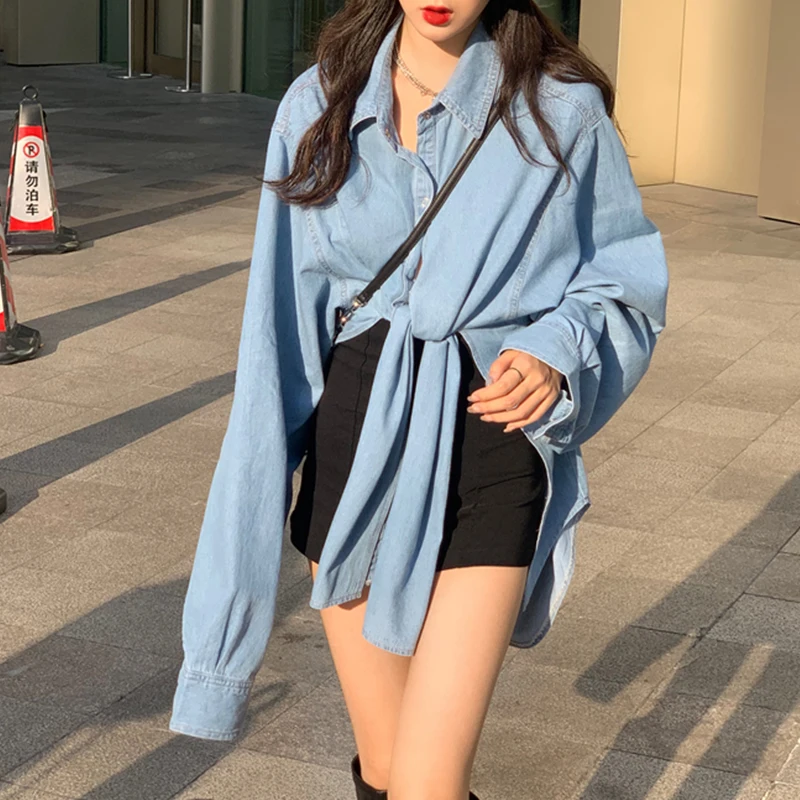 

Bandage Blue Denim Shirt Women Korean Style Fashion Loose Shirt Woman Single-Breasted Lapel Long-Sleeved Shirts Ladies 2021