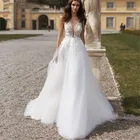 Женское кружевное платье без рукавов, длинное ТРАПЕЦИЕВИДНОЕ ПЛАТЬЕ ИЗ ТЮЛЯ С Глубоким V-образным вырезом, аппликацией и открытой спиной, для сада и вечерние ринки невесты, 2021