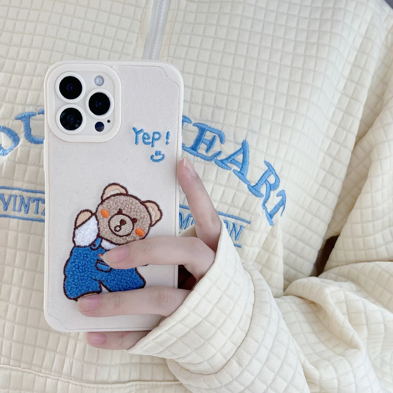 

Korean Cute Cartoon Teddy bear Embroidery Phone Case For iPhone 13 Pro Max 12 11 Pro Max X Xs Xr Warm Lamb Plush Fabric Cover
