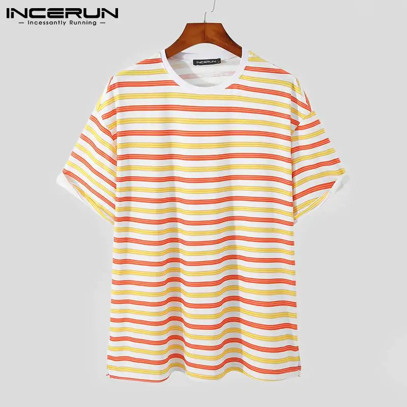 

Summer Men Striped T Shirt 2021 Round Neck Streetwear Short Sleeve Leisure Basic Tee Tops Breathable Camiseta Masculina INCERUN