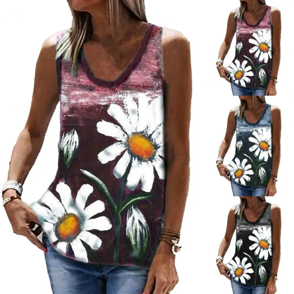 

50%HOT Women T-shirt Chrysanthemum Print Loose Summer Round Neck Sleeveless Top for Party
