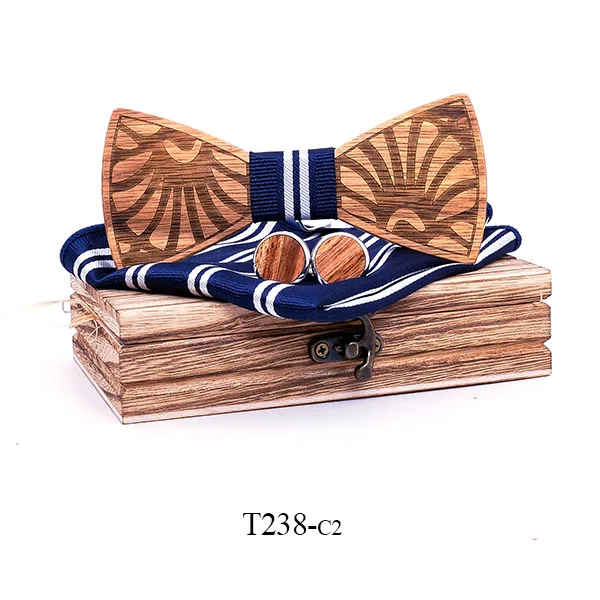 

2020 Luxury Wooden Bow Tie Handkerchief Cufflinks Set Men's Wood Bowtie with Box Handmade Neck Ties for Wedding Gifts