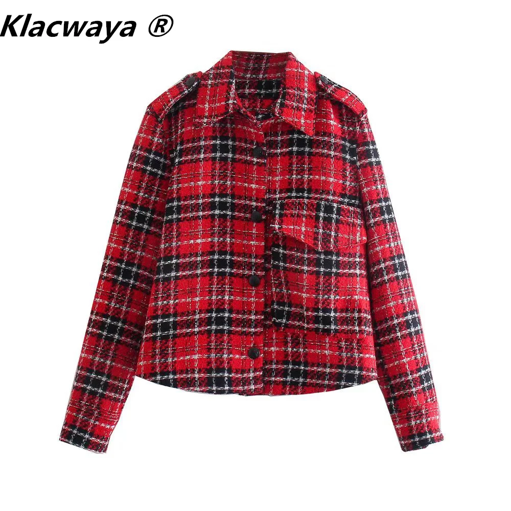 

Klacwaya твидовая куртка, клетчатая рубашка, куртки для женщин, осень 2021, однобортные теплые рубашки, пальто с карманами, Повседневная Женская куртка