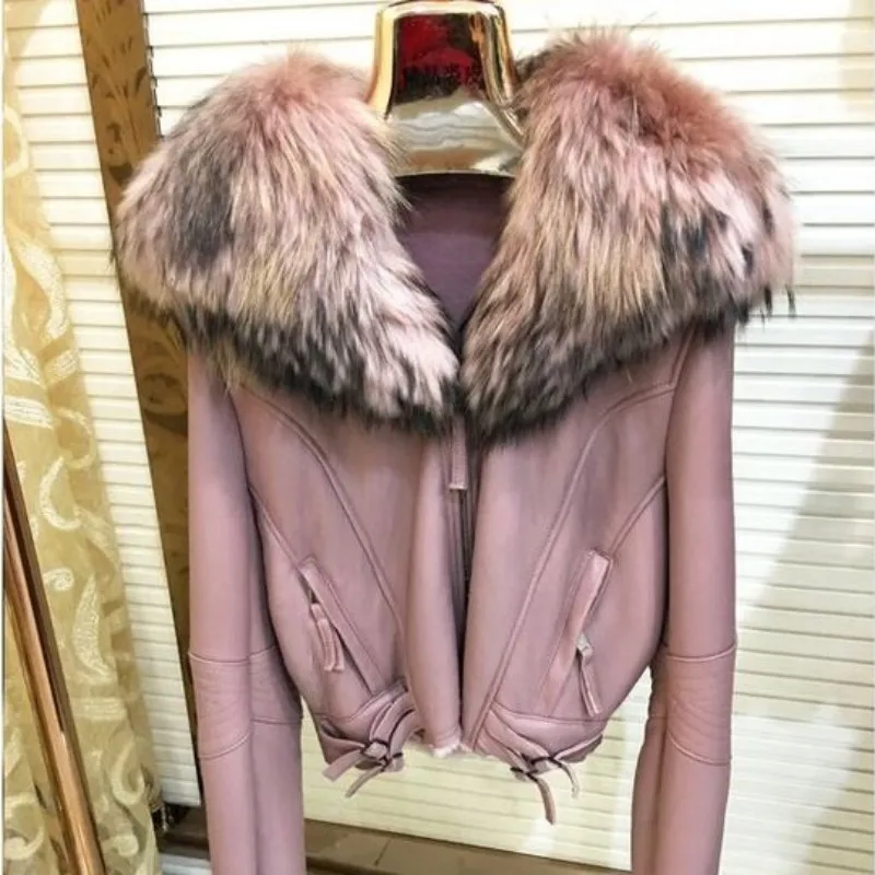 

Dog Luxury Fur Raccoon Collar Motorcycle Real Leather Short Coat Women Winter Streetwear Warm Real Fur Outerwear Jacket S-XL