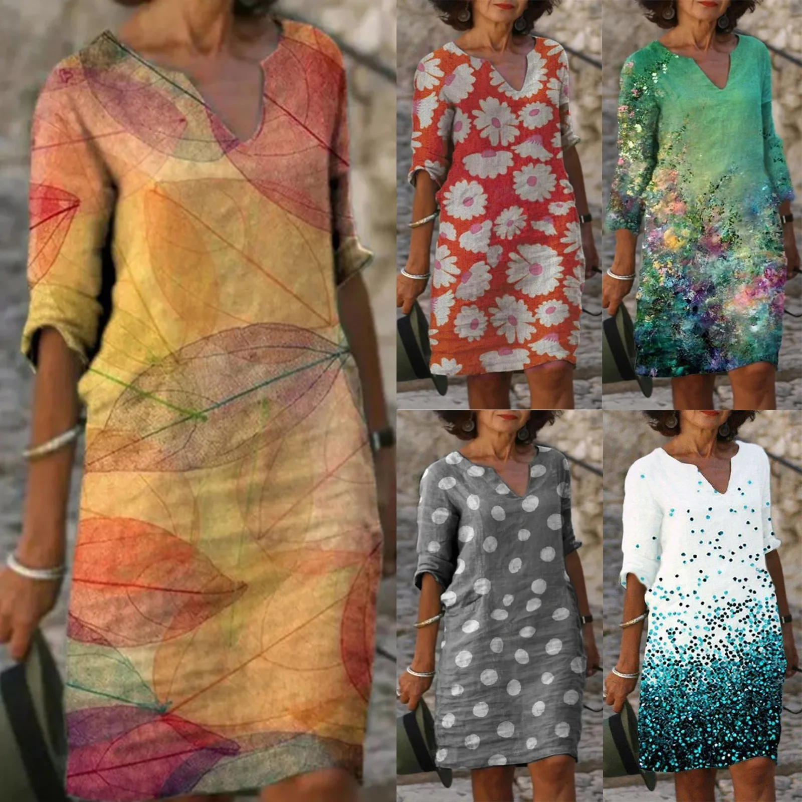 

40# Floral Retro Printing Dress Women V-neck Short Sleeve Vintage Summer Dress 2021 Casual Plus Size Dresses Vestido De Mujer