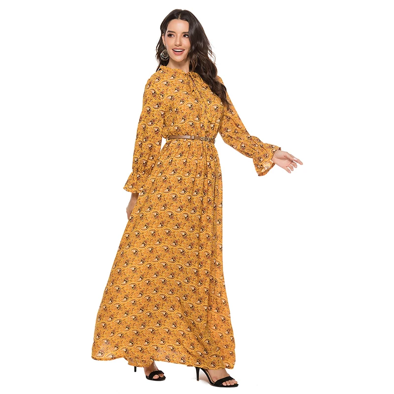 Terbaru Elegan Fashion Dubai Muslim Turki Maxi Gaun Indonesia Islamic Slim Cetak Besar Ayunan Lengan Panjang Gaun Abaya untuk Wanita