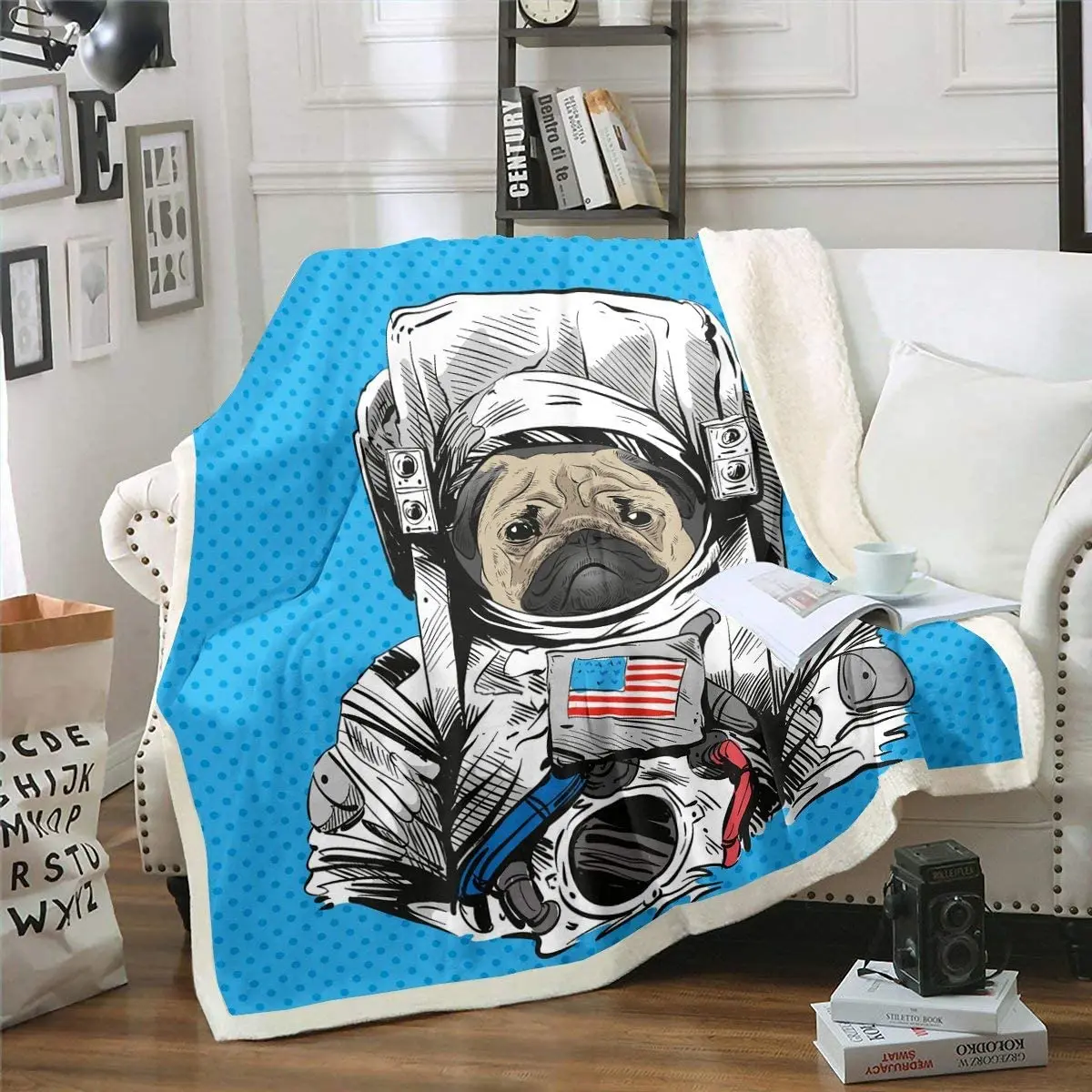 

Мультяшное одеяло для собаки, одеяло для кровати астронавта, одеяло, милое одеяло для мопса, щенка, звезд Галактики, пушистое одеяло, синее д...