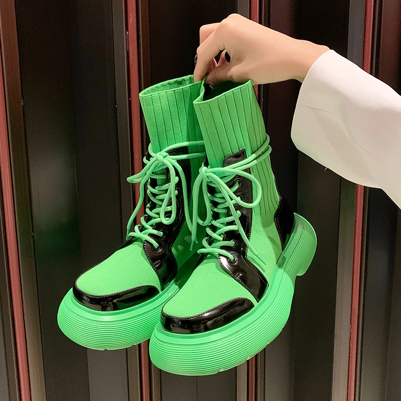 

Fashion Socks Boots Women 2021 Autumn New Knitting High Boots Student Platform Sports Mid-calf Boots Girl Yellow Shoes