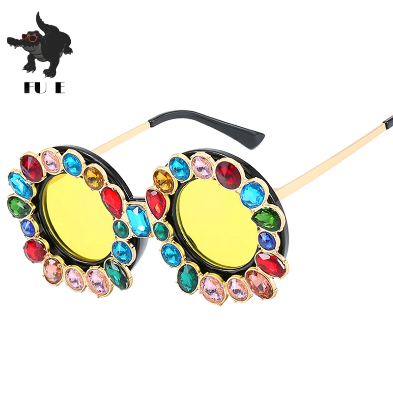 FU E Gorgeous Women Sunglasses Crystal Diamond Handmade Round Eyewear UV400 Mirror Lens Flower Design Summer Sun Glasses