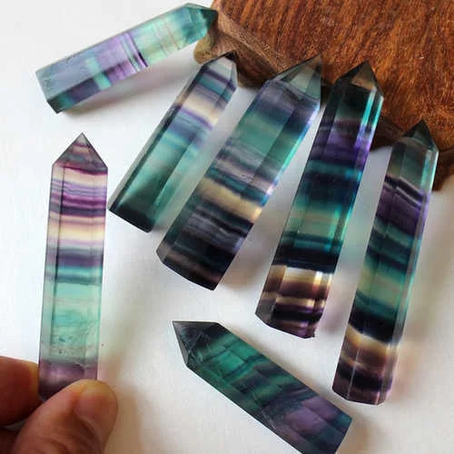 

Natural Crystal Hexagonal Single Pointed Column Colorful Fluorite Stripe Rainbow Fluorite Original Stone Ornament Treatment