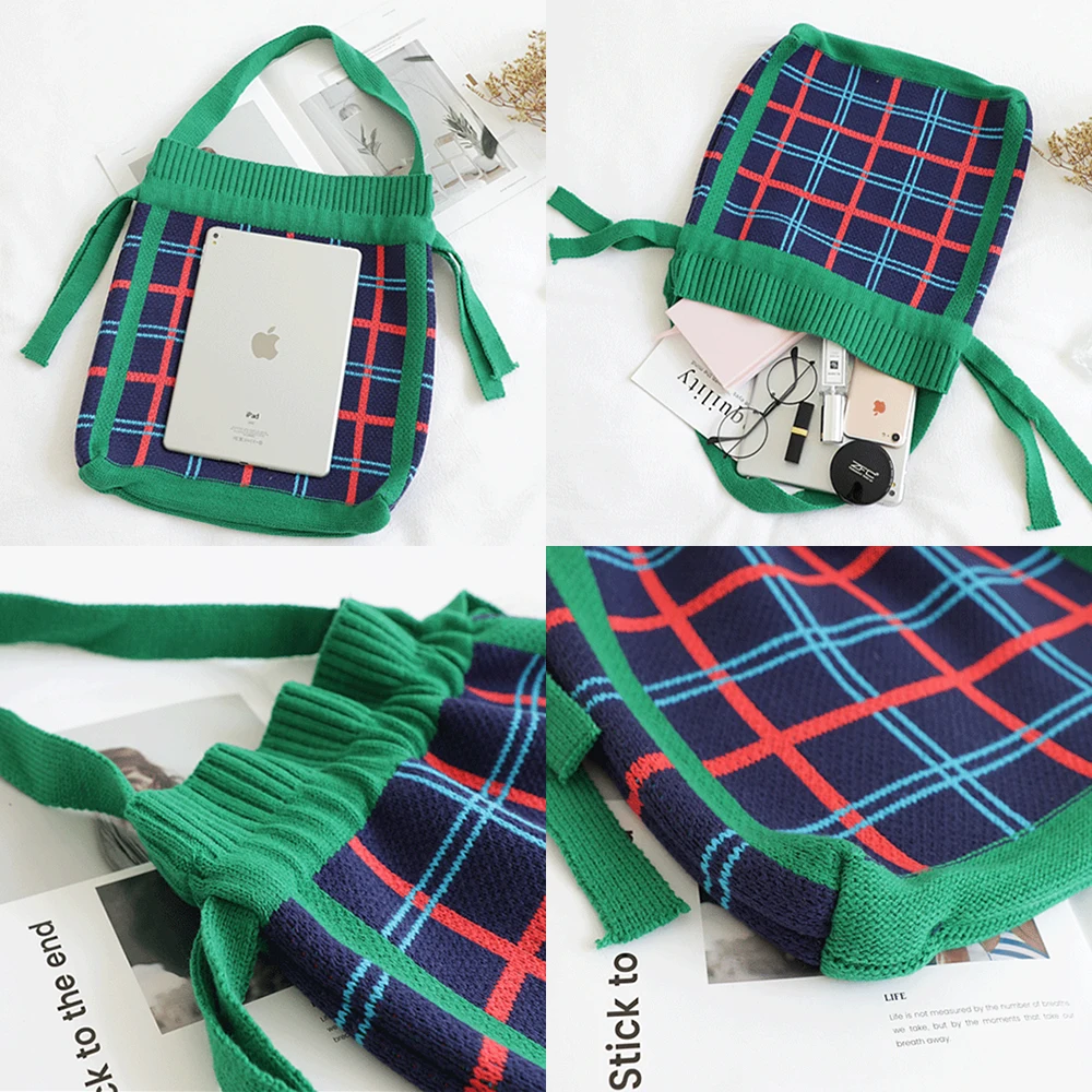 Винтажная клетчатая сумочка из клетчатой ткани женская вязаная сумка на шнурке с