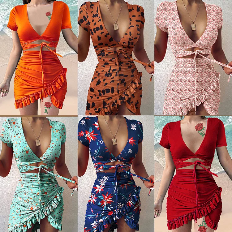 

Floral Print Fashion bandage Wrap Mini Dress Summer beach Holiday Ruffles Sundress Ruched dresses for Women Short Sleeve Dress