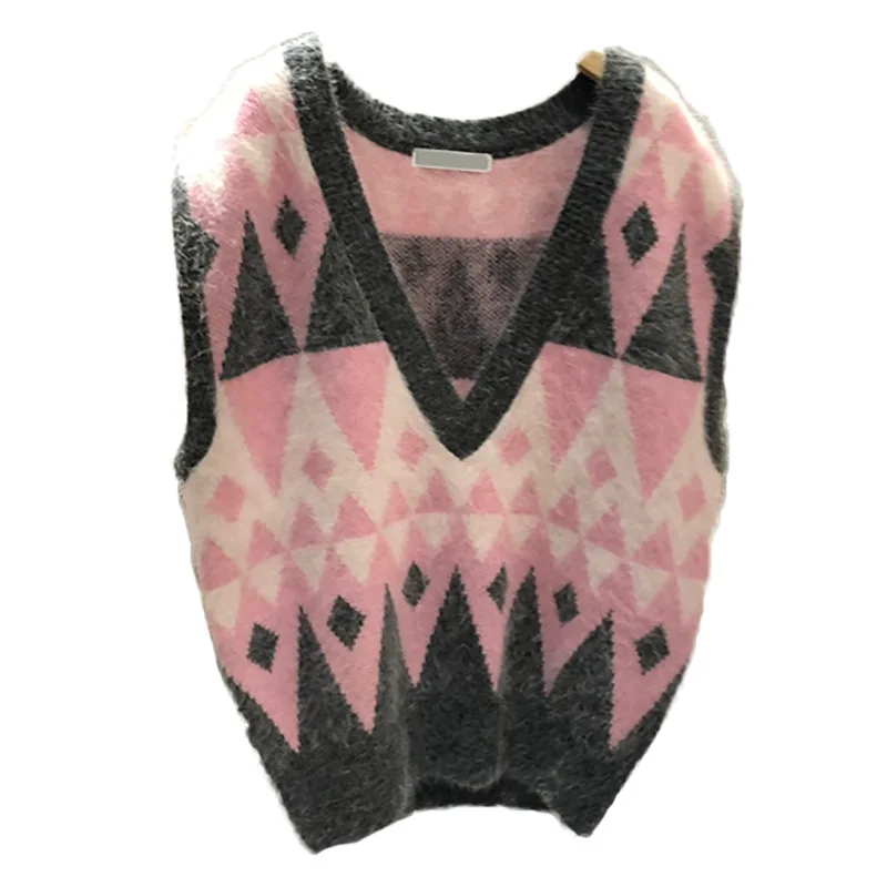 

Yocalor V-neck Chic Argyle Knitted Vest 2020 Autumn Winter Fashion New Clothes Women Contrast Color Patchwork Femme Vest