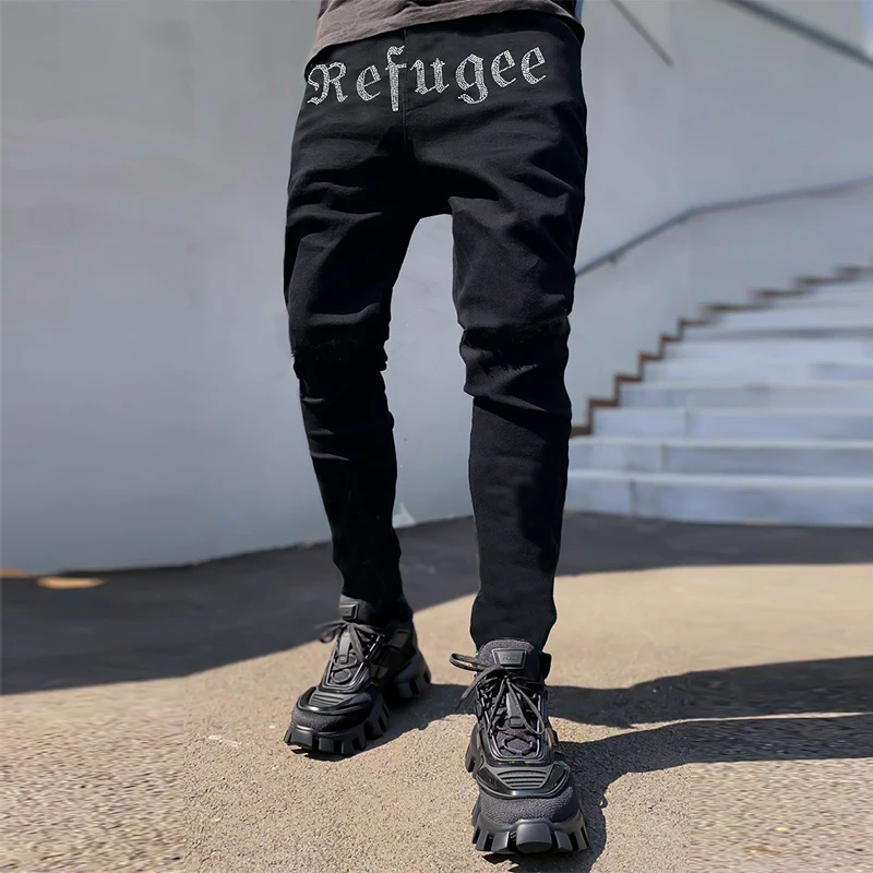 2021 Men Black Trousers Hole Pencil Pants Stretchy Ripped Skinny Biker Hot Drill High Quality Street Punk Washed Destroyed Jeans