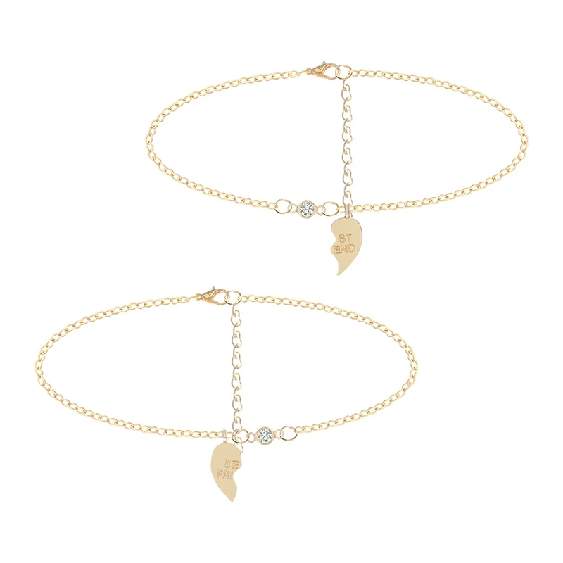 2 Pcs/Set New Fashion Gold Bracelet Trendy Metal BEST FRIEND Love Heart Women Sisters Bracelets Set for Friendship Gifts Jewelry