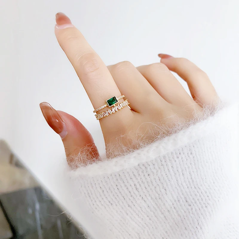 

Luxury Green Zircon Rings for Women Girl Friends Retro Shiny Open Gold Ring Double-Layer Korean Style Fashion Jewelry Party Gift