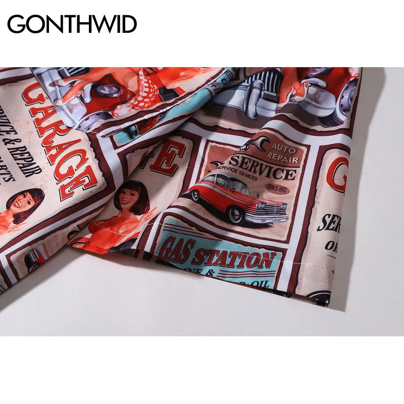 Гавайская пляжная рубашка GONTHWID с винтажным плакатом летние повседневные