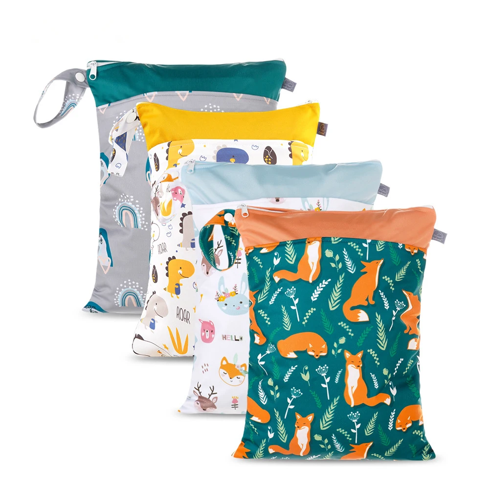 

Многоразовые влажные сухие мешки, модные водонепроницаемые сумки с мультяшным принтом и двойной молнией, карманные тканевые мешки для подг...