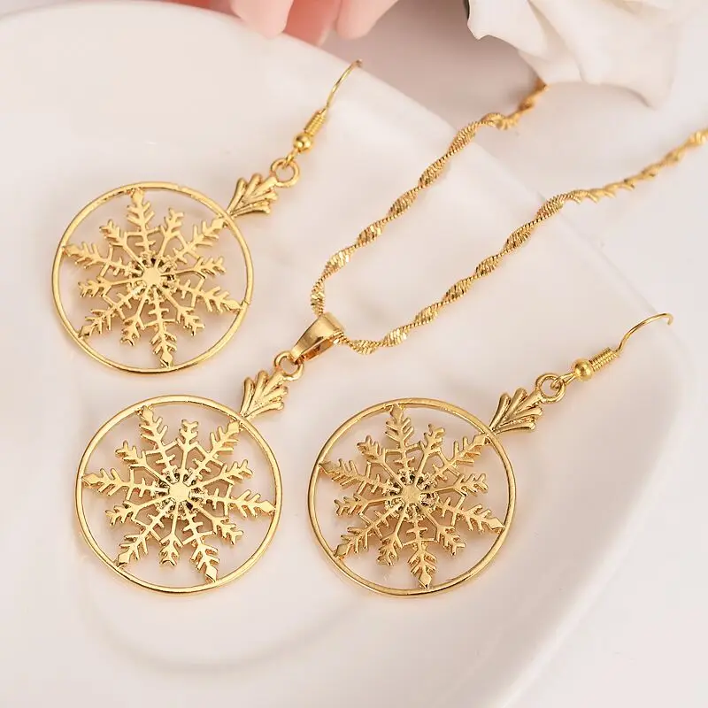 

9 k Yellow Solid G/F Gold Snowflake Leverback Earrings Pendants Necklaces Fashion Lever Back Drop Dangle Holiday