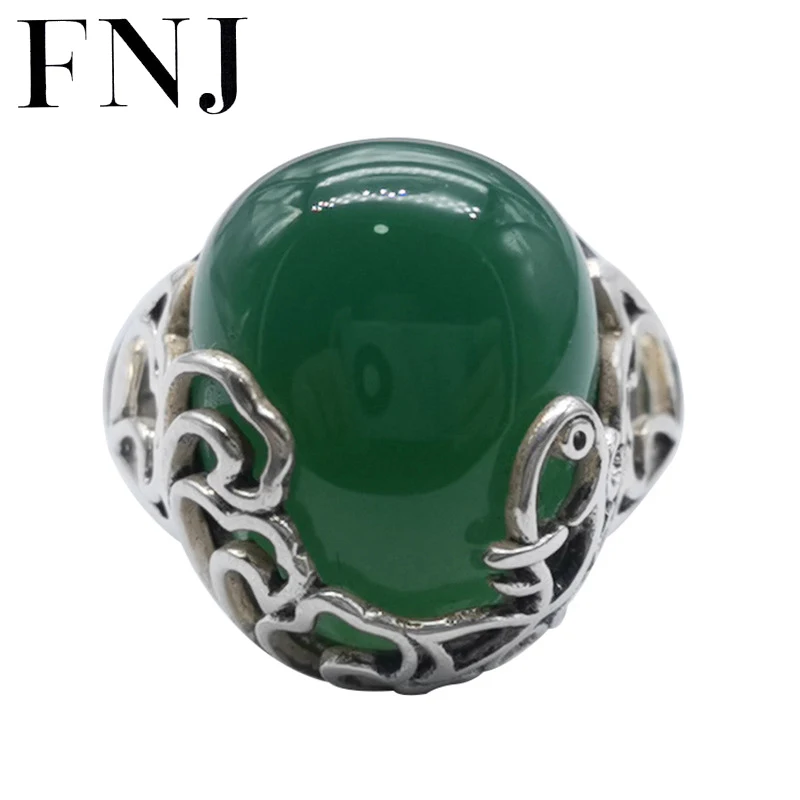 

FNJ Natural Green Agate Ring 925 Silver New Fashion Original S925 Sterling Silver Rings for Women Jewelry Adjustable size