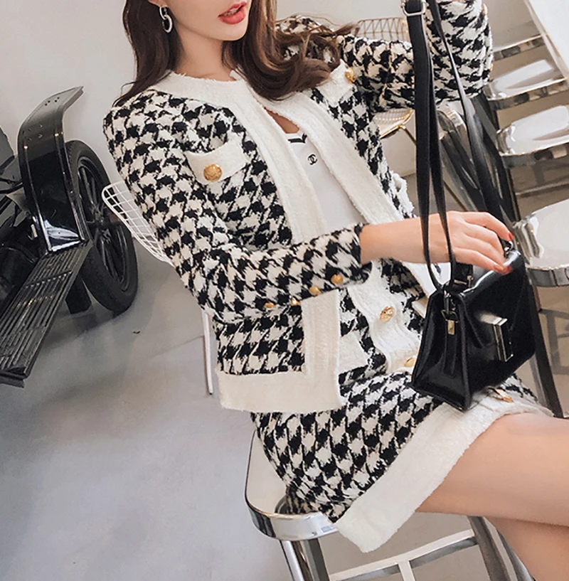 Small Fragrance Vintage Houndstooth Knitted Jacket Cardigan Coat+Bodycon Skirt Suit Autumn Winter Office Lady Runway 2 Piece Set