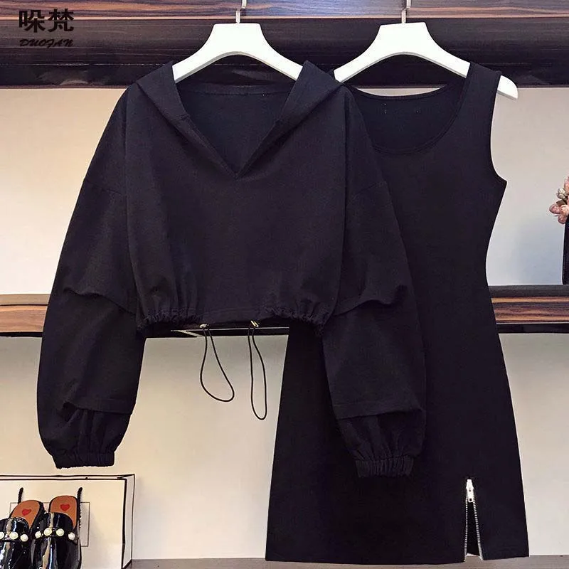 

DUOFAN Women's Suit Solid Korean Fashion 2 Pieces Dress Sets Cropped Loose Hooded Sweatshirt And Hem Zipper A-Line Mini Dress