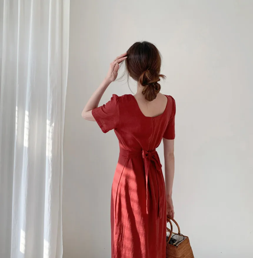 

Chic New 2021 Women Spring Summer Cotton Linen Elegant Lace Up Casual Dresses