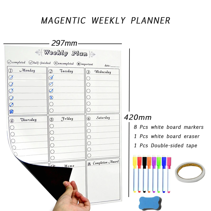 Magnetic Weekly Monthly Planner Calendar Template Dry Erase Board Soft Magnet Fridge Stickers Message Memo Kids Erasable Markers |
