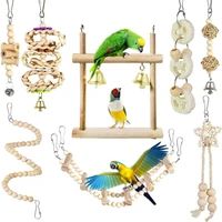 8pcsset bird parrot toys wooden hanging swing hammock climbing ladders perches toy parakeet cockatiels bird cage supplies
