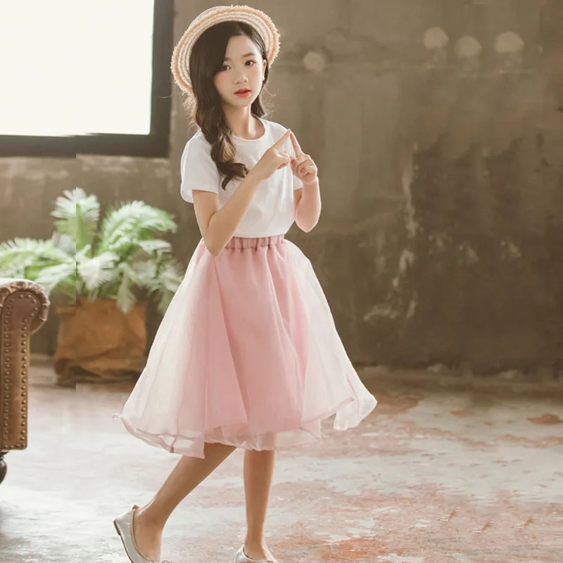 

2021 Summer Little Girls Clothes Sets Short Sleeve Pullover T Shirts Outfits White Pink Teenage Kids Skirts Suits 2 Pieces Set