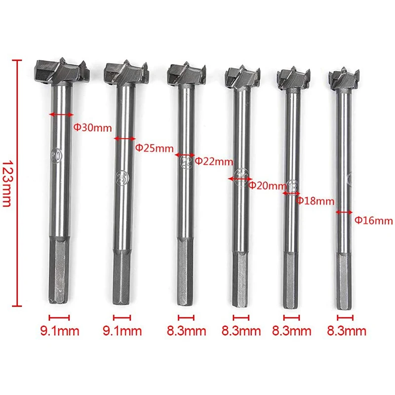 

Forstner Drill Bit, 6Pcs Carbide Steel Hole Saw Set Wood Drilling Woodworking Hinge Window Wooden Cutting Rotary Tool