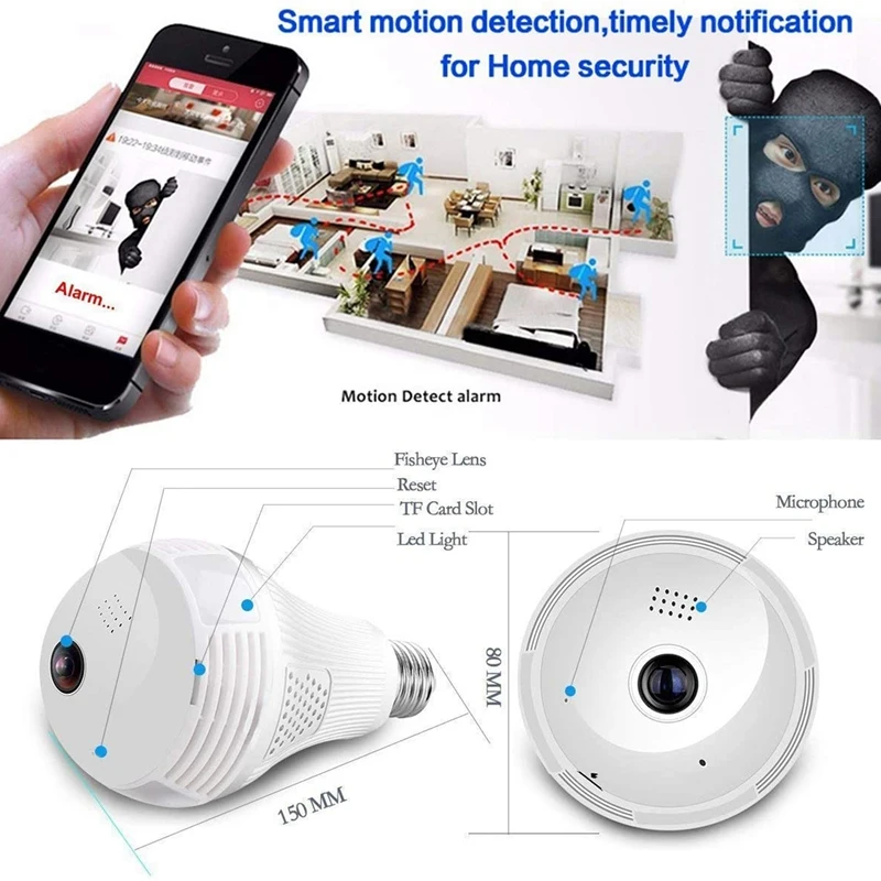 360 ° светодиодный светильник 1080P Wi-Fi Камера панорамный охранных Smart Wifi CCTV объектив