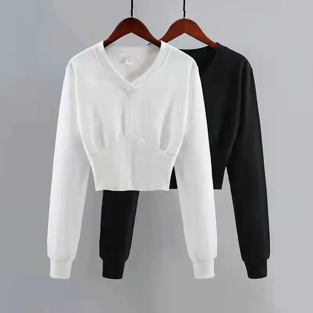 

Vintage Clothes Women V Neck Black White Crop Top Long Sleeve Long Sleeve Casual Wild Lady Sweatshirt Cotton Pullover Tops