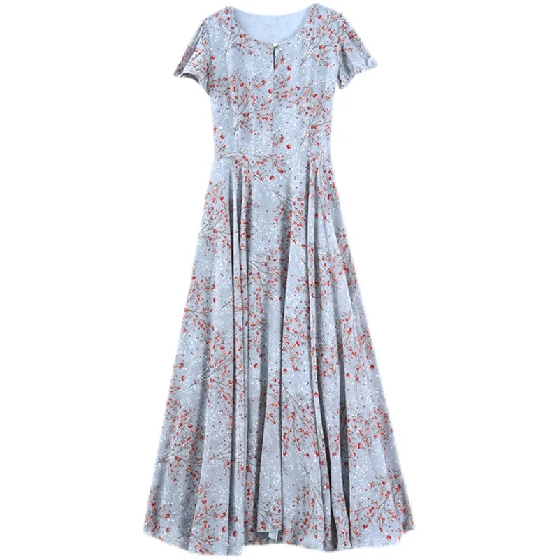 

S-4XL Womens Short Sleeve Round Neckline High Waist Chiffon Print Long Dress Fashion Summer New Urban Leisure Short Sleeve Dress