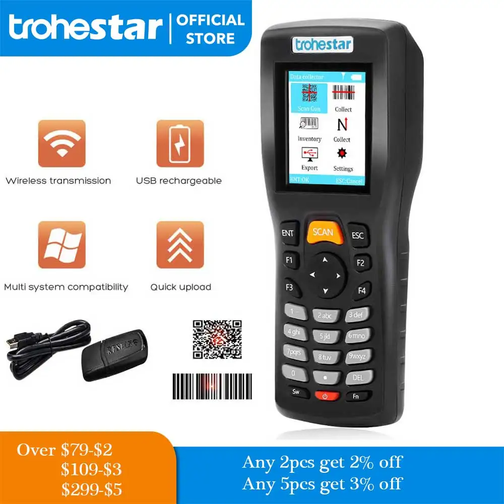 Trohestar Wireless Barcode Scanner 1D 2D Bar Code Reader Inventory Counter Data Collector PDA QR Scanners leitor codigo barras