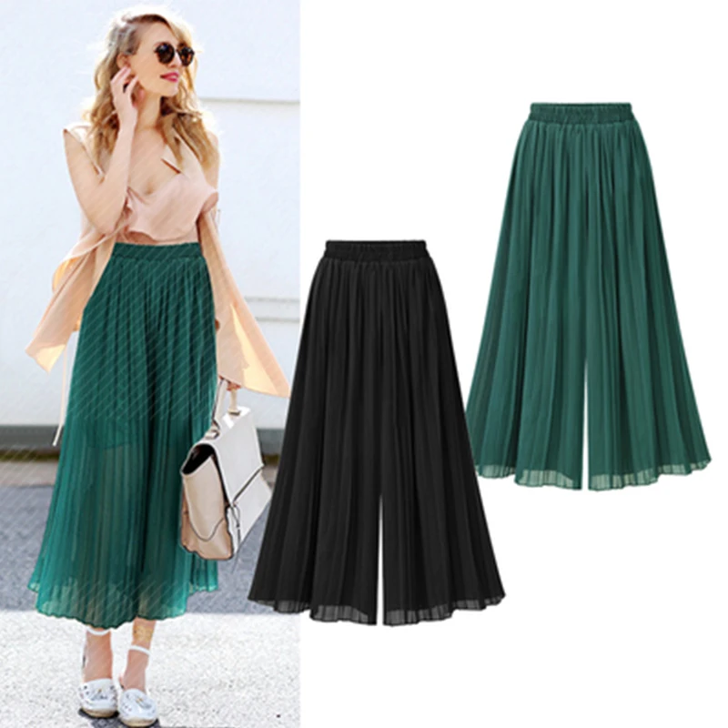 

2021 Summer European Style Pleated Women Wide Leg Pants Loose Chiffon Boho Female Length Pant Elastic Waist Trousers Plus Size
