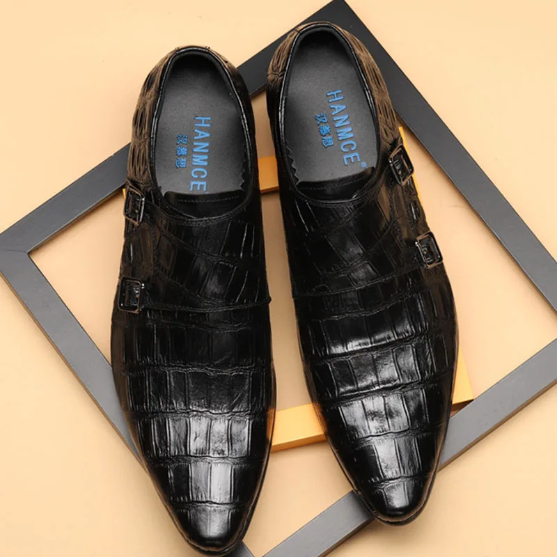 

Mens Wedding Monk Strap Dress Shoes Genuine Leather Pointed Toe Alligator Pattern Men Formal Shoes Double Buckle Men's Shoes F54