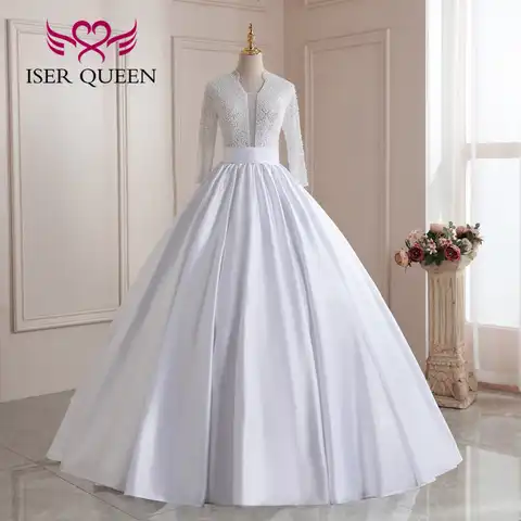 Heavy Beading Hollow Back Long Sleeves Bride Dress For Girl Women Elegant Satin Wedding Dress  Europe Wedding Gowns WX0209