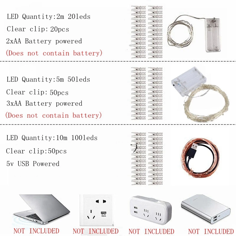 2 м/5 м/10 м USB светодиодный гирлянда для использования вне помещения Гирлянда для фото клип Декор фея/струна светящаяся гирлянда батарея Рождественская медная проволочная лампа
